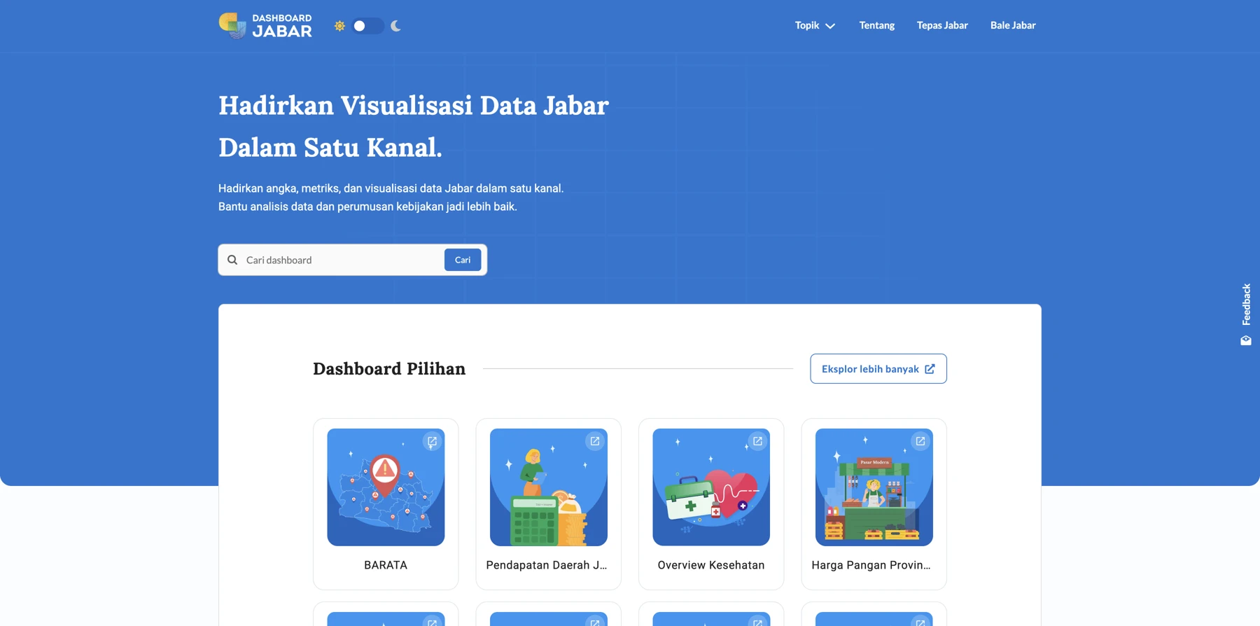 The loaded public Jabar Dashboard landing page, showing the search experience and featured dashboards for West Java.