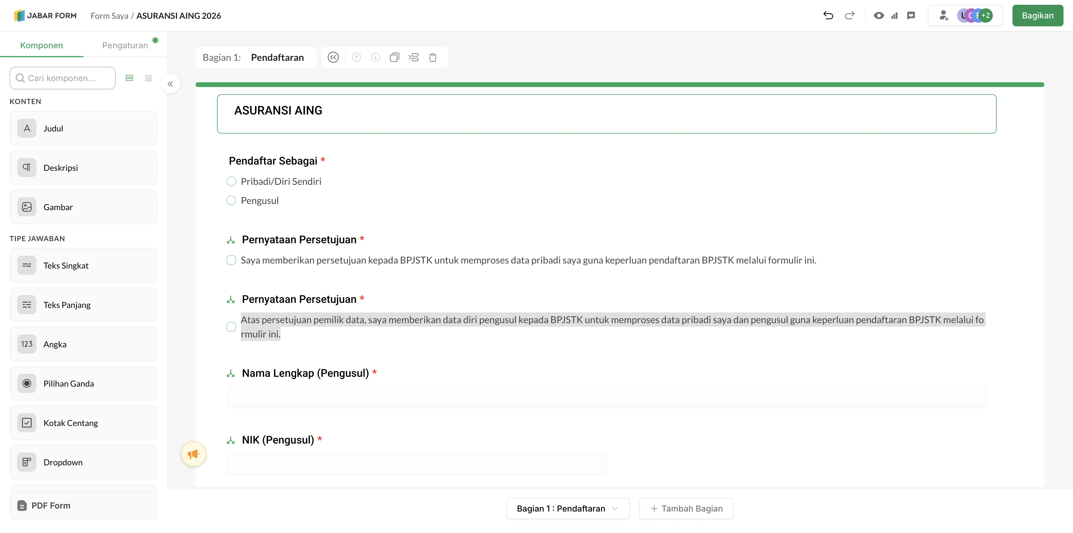 Jabar Form builder showing its component library, editable form canvas, question settings, and publish control.