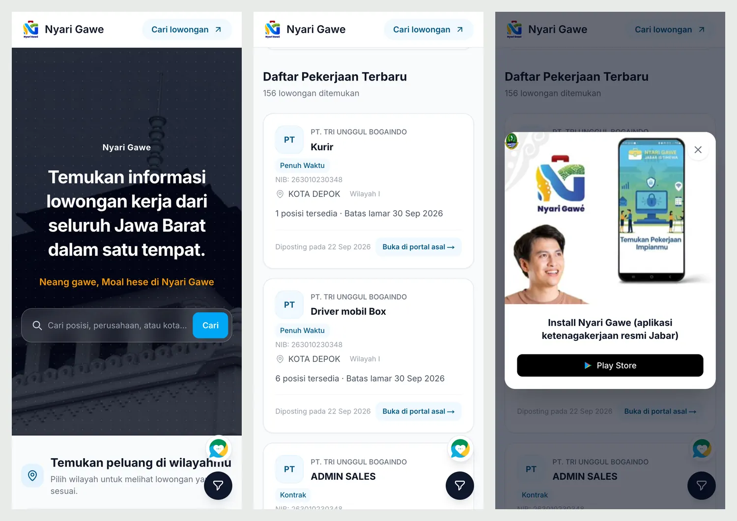 Three mobile screens of Bursa Kerja: the search hero, the job list with filter and WhatsApp buttons, and the install dialog showing only the Play Store button on Android.